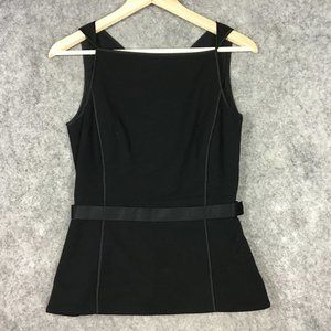 Jason Wu Top 2 Blouse Sleeveless Silk Trim Solid Black Belted Square Neck Career